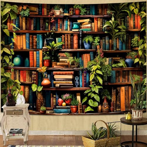 Botanical Bookshelf Tapestry Lush Green Plant Book Shelf Tapestries Wall Hanging Art Vintage Retro Potted Plants Academics Small Library Tapestry for Bedroom Living Room Dorm 60 x 44 inch