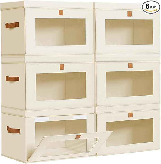 DIMJ Storage Bins with Lids - 6 Pack Large Fabric Closet Organizer with Window & Handles, Collapsible Decorative Storage Boxes for Shelves Under Bed, Books Clothes Blankets Sweaters Organization