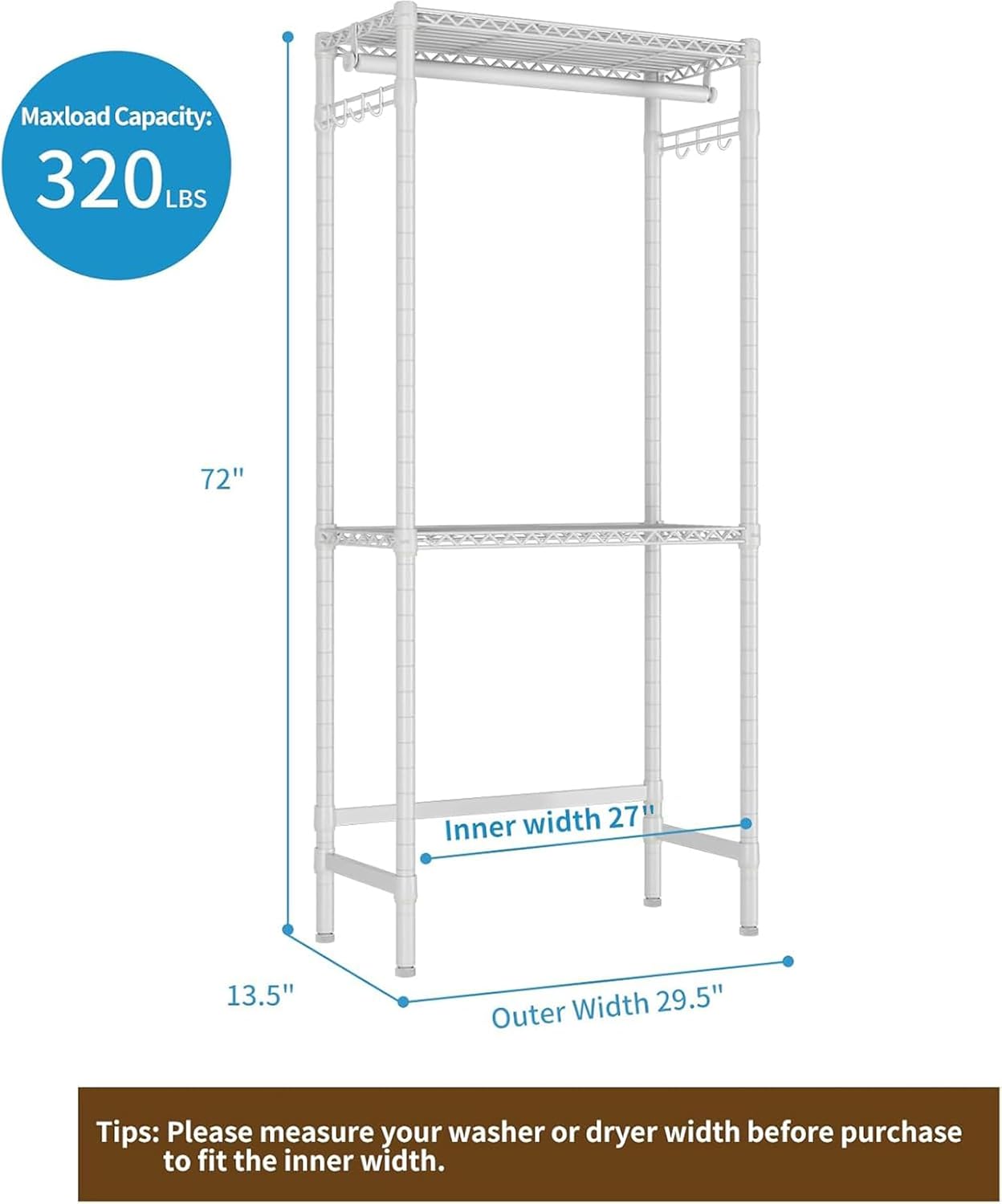 Over Washer and Dryer Shelves,2 Tier Adjustable Height Wire Shelving Laundry Room Storage Organization Clothes Drying Rack with Hanger Rod&Hooks,Space Saving Organizers Shelf,White - NestledHome