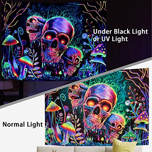 Blacklight Skull Tapestry Trippy Skeleton Wall Tapestries UV Reactive Neon Plants Trees Tapestries Aesthetic Galaxy Space Tapestry Wall Hanging for Bedroom Decor