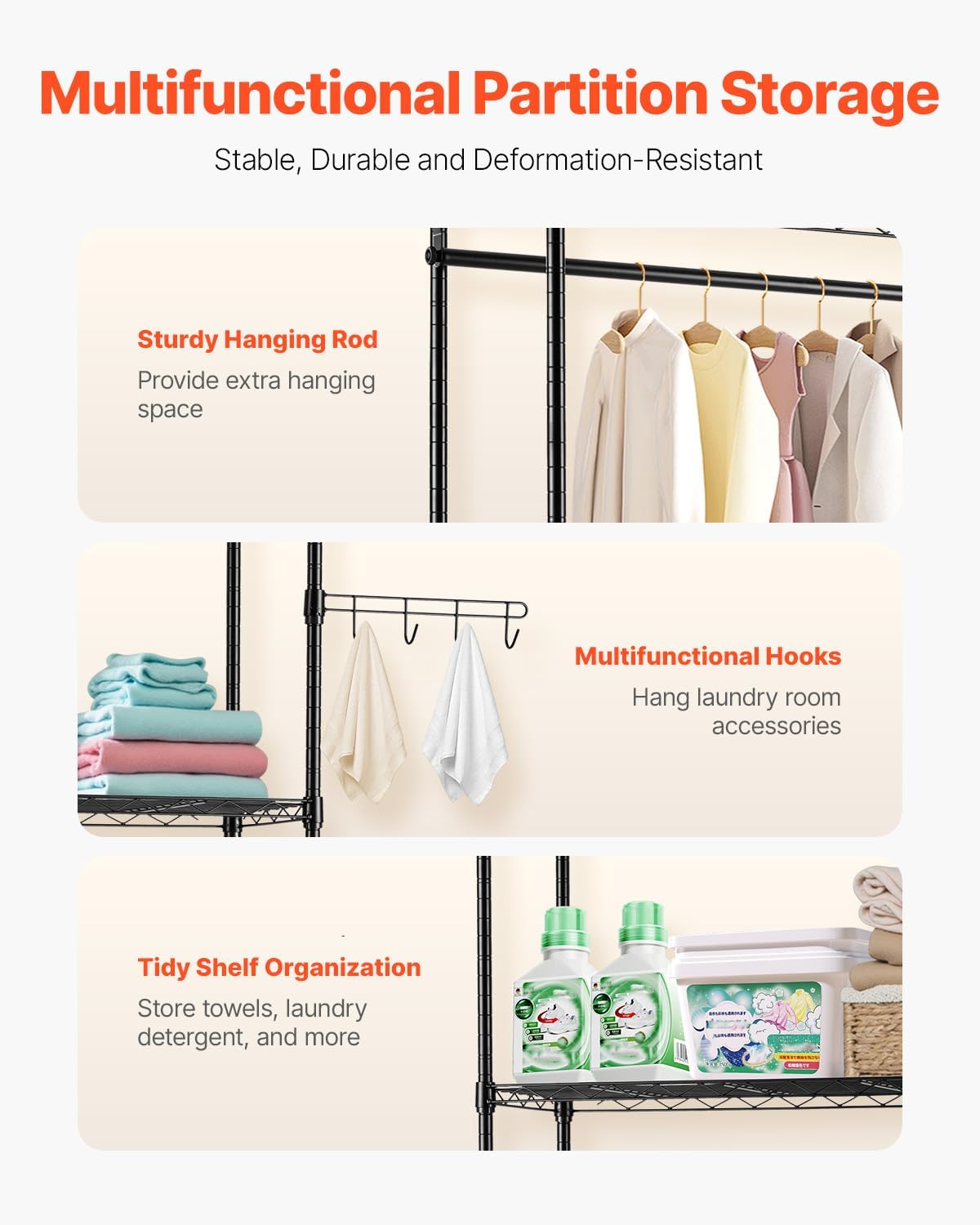 VEVOR Over The Washer and Dryer Storage Shelf, 6 Tier Laundry Room Drying Rack with Hanger Rod and Hooks, Adjustable Over Washer and Dryer Shelves, Laundry Room Shelf Storage Space Saver, Black - NestledHome