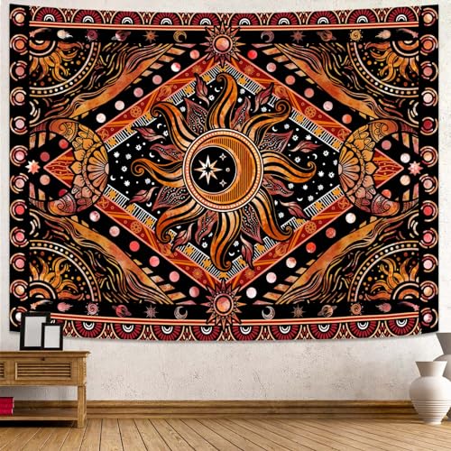 Hippie Sun and Moon Tapestry Bohemian Celestial Tapestry Aesthetic Tapestries for Bedroom and Living Room Decor Sun and Moon 44×60 Inches
