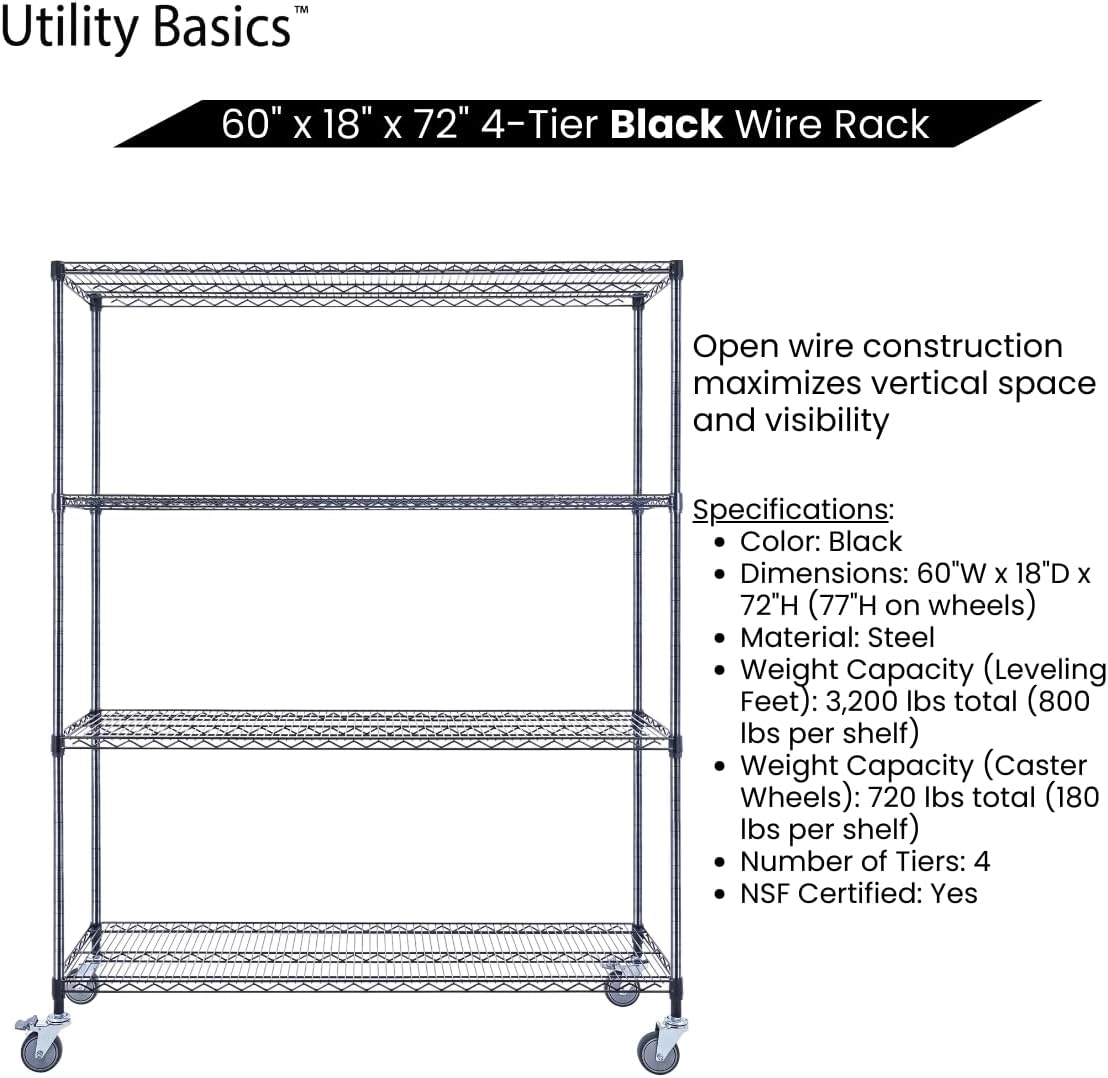 60"x18"x72" Black Premium Metal Steel Wire Shelving 4-Tier NSF 3200 LBS MAX Capacity Heavy Duty Storage Rack for Garages, Commercial Spaces, Hospitals, & Schools w/Premium Wheels - NestledHome