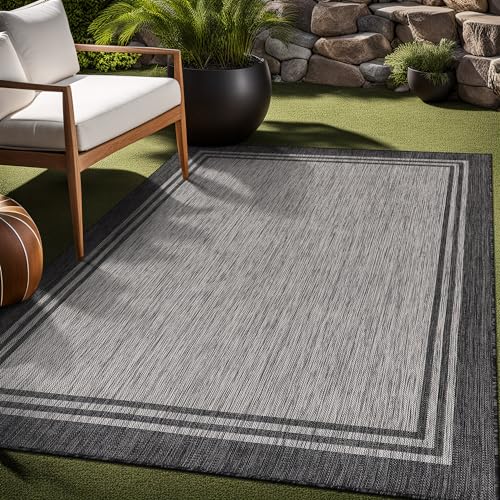 Bordered Outdoor Rug 6x9 Washable Outside Carpet for Indoor Patio Porch Waterproof Easy Cleaning Non Shedding Area Rugs Dark Gray 6 x 9