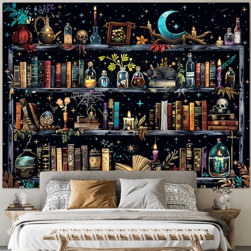 Magic Bookshelf Tapestry Magical Witchy Potion Dark Hippie Haloween Tapestries Wall Hanging Gothic Skull Black Cat Library Book Small Tapestry for Bedroom Living Room Dorm 60 x 44 inch