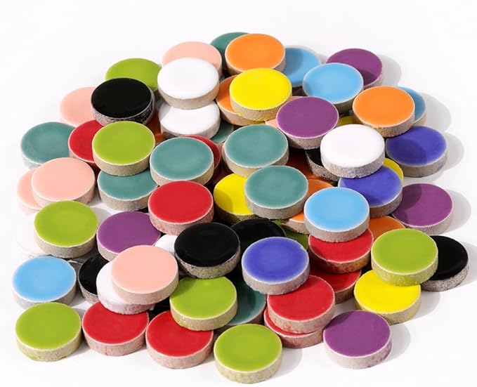 200g Ceramic Mosaic Tiles Pieces, Heart Star Oval Round Flower Shape Mosaics for Crafts Bulk,Student Adults Mosaic Kits Making (Round Mix)