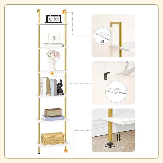 HOOBRO DIY Ladder Shelf, 6-Tier Wooden Wall Mounted Bookshelf, Narrow Gold Bookcase, Display Shelf, Storage Rack, Plant Stand, for Living Room, Bedroom, Study, Balcony, Marble and Gold DM651CJ01