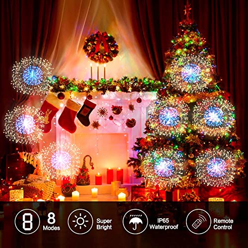 8 Pack Firework Lights 180 Led Copper Wire with 8 Models Power Supply Remote Control Waterproof Outdoor Hanging for Decor Garden Party Christmas (16 Ounce)