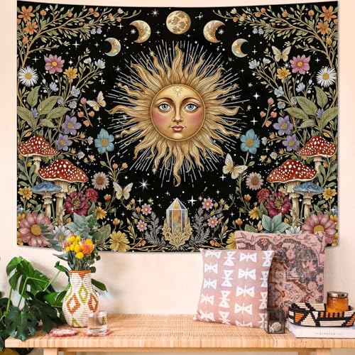 Boho Sun and Moon Tapestry Hippie Mushroom Floral Wall Tapestry for Bedroom Aesthetic Moon Phase Vintage Plant Celestial Small Tapestries Wall Hanging for Living Room Dorm 60 x 44 Inch