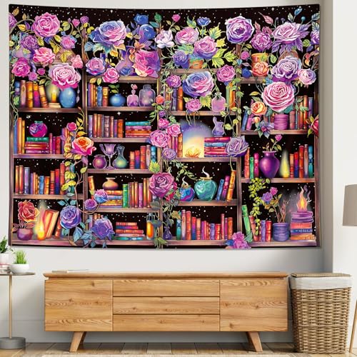 Bookshelf Pink and Purple Flower Tapestry Colorful Plants Tapestries for Bedroom Aesthetic Floral Wall Hanging Cute Girl Bedroom Decor