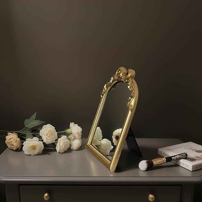 Vintage Vanity Desk Mirror - 13x10 Inch Wall-Mounted & Tabletop Decorative Ornate Gold Accent Retro Makeup Mirror for Bedroom Dresser Bathroom Living Room Dorm(Gold, 13" L x 10" W Bow)