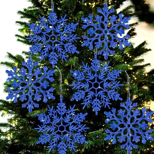 6pcs Large Navy Blue Snowflakes Ornaments 12" Big Plastic Glitter Snowflake for Winter Indoor Outdoor Christmas Tree Window Room Decorations Giant Craft Snowflakes (6 Count)