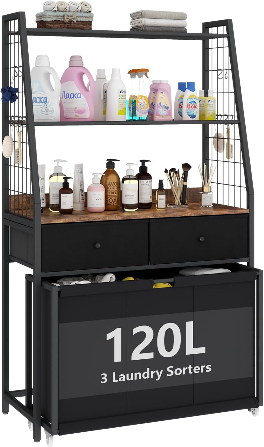 Laundry Hamper Laundry Basket with 3 Section Pull-Out Rolling Bags & 2-Tier Storage Shelf, Laundry Sorter for Organization and Storage with 2 Drawers for Laundry Room, Bathroom - NestledHome