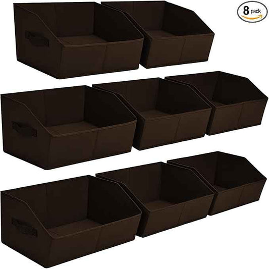 Closet Baskets for Shelves Trapezoid - Decorative Storage Baskets with Handle, Closet Bins for Organization, Shelf Storage Bins for Clothes, Books, Home, Office, 8 Pack, Brown