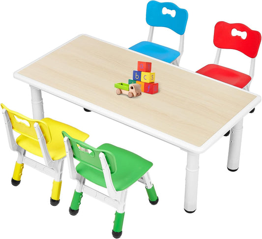 FUNLIO Kids Table and 4 Chairs Set for Ages 3-8, Height Adjustable Toddler Table and Chair Set, Easy to Wipe Arts & Crafts Table, for Classrooms/Daycares/Homes, CPC & CE Approved(5 pcs Set)-Multicolor - NestledHome