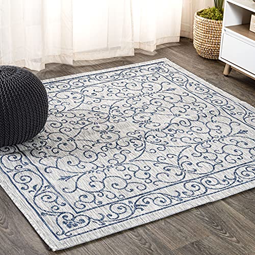 Vintage Filigree Indoor Outdoor Square Area Rug 4X4 Gray
