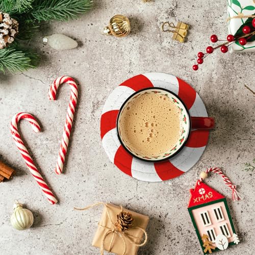 Christmas Candy Cotton Coasters Red White Peppermint Handmade Braided Drink Coasters Absorbent Cup Mats for Xmas Holiday Party Home Table Decor (4 Count)