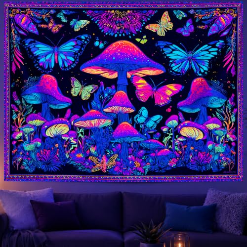 Blacklight Tapestry Butterfly Neon Decor 78 x 59 Inch