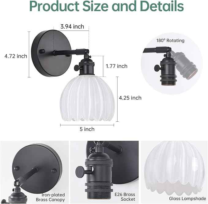 Vintage Battery Operated Wall Sconce with White Tulip Glass Lampshade Rechargeable Battery Powered Black Wall Light with Remote Control for Bedside Bedroom Doorway
