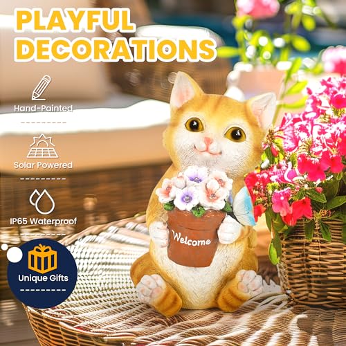 Solar Garden Decor Flower Pot Cat Statues Outdoor