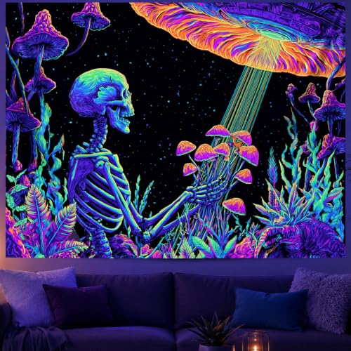 Blacklight Tapestry Skeleton UFO Glow Backdrop 78 x 59 Inch