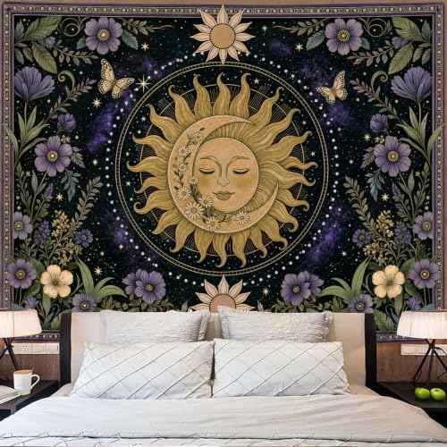 Boho Vintage Sun and Moon Hippie Purple Floral Tapestry 60 x 44 Inch
