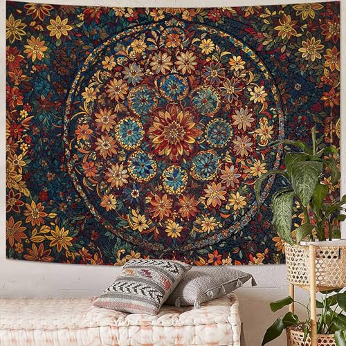 Boho Floral Mandala Tapestry Wall Hanging Vintage Bohemian Flower Medallion Tapestry Aesthetic Orange Stained Glass Hippie Large Tapestries for Bedroom Living Room Dorm Decor 80 x 60 Inch