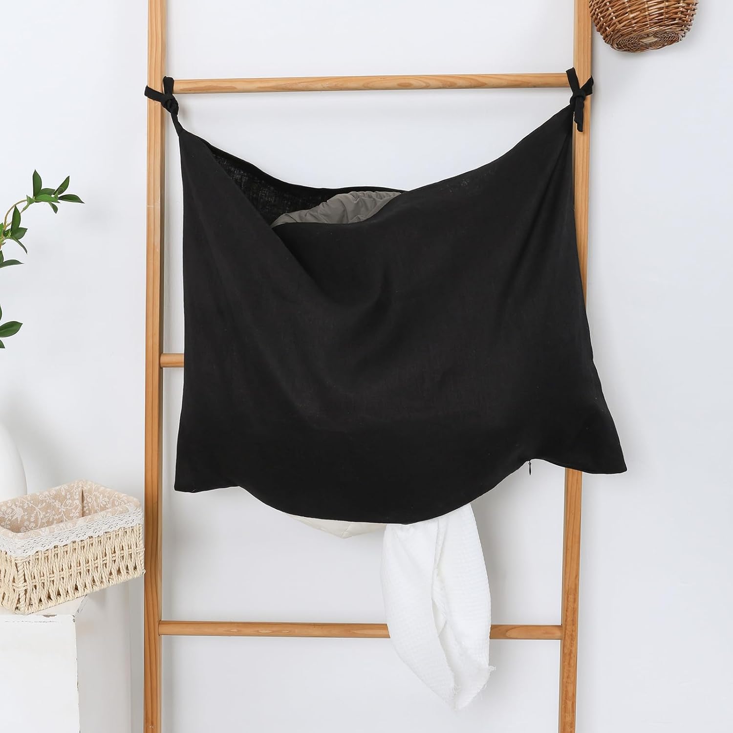 Hanging Linen Laundry Bag, 100% Pure Flax Linen Over The Door Hamper with Bottom Zipper for Laundry Room, Household Dirty Cloth Storage Organizer Bag, Black - NestledHome