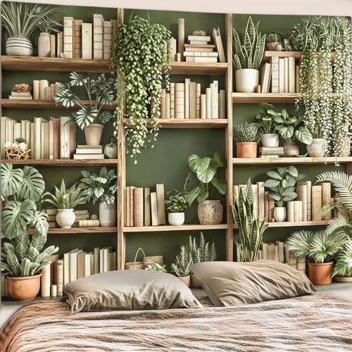 Green Plant Bookshelf Tapestry Botanical Bookshelf Tapestries Wall Hanging Modern Potted Plants Bookshelf Backdrop Extra Large Tapestry for Bedroom Living Room Dorm 90 x 68 inch
