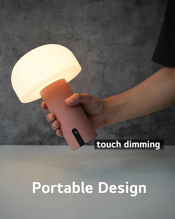 Cordless Mushroom Table Lamp, Waterproof Shower Lamp, Battery Operated Table Lamp Rechargeable, Touch Dimmable Night Light for Bedroom/Patio/Camping/Dinning/Outdoor (Pink)