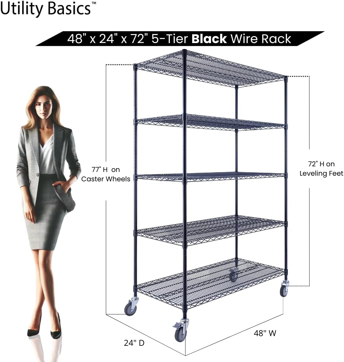 48"x24"x72" Black 5-Tier Premium Wire Shelving NSF 4000 LBS MAX Capacity Heavy Duty Steel Storage Rack for Warehouses, Garages, Hospitals, Commercial Spaces, & Schools w/Premium Wheels - NestledHome