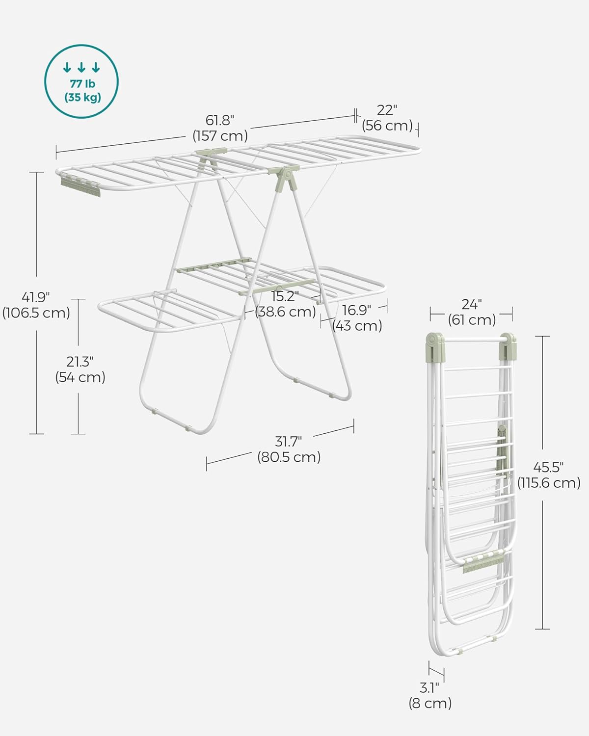 SONGMICS Clothes Drying Rack, Foldable 2-Level Laundry Drying Rack, Free-Standing Laundry Airer, with Height-Adjustable Wings, 33 Drying Rails, Sock Clips, White and Green ULLR053C01V1 - NestledHome