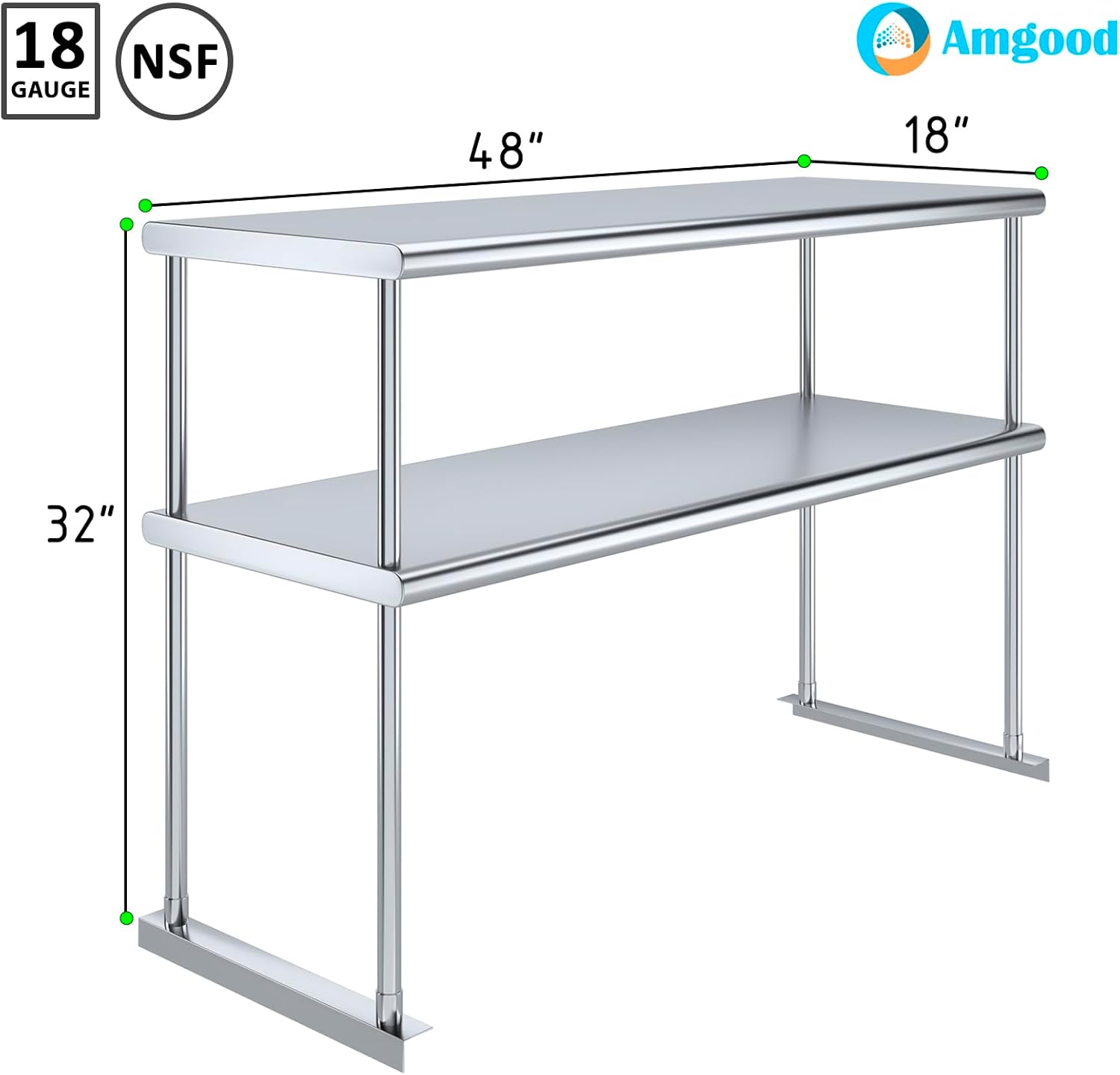 AmGood Stainless Steel Double-Tier Shelf | Work Table Overshelf | NSF Certified | Fits Over Tables | Many (48 in. Long x 18 in. Deep) - NestledHome