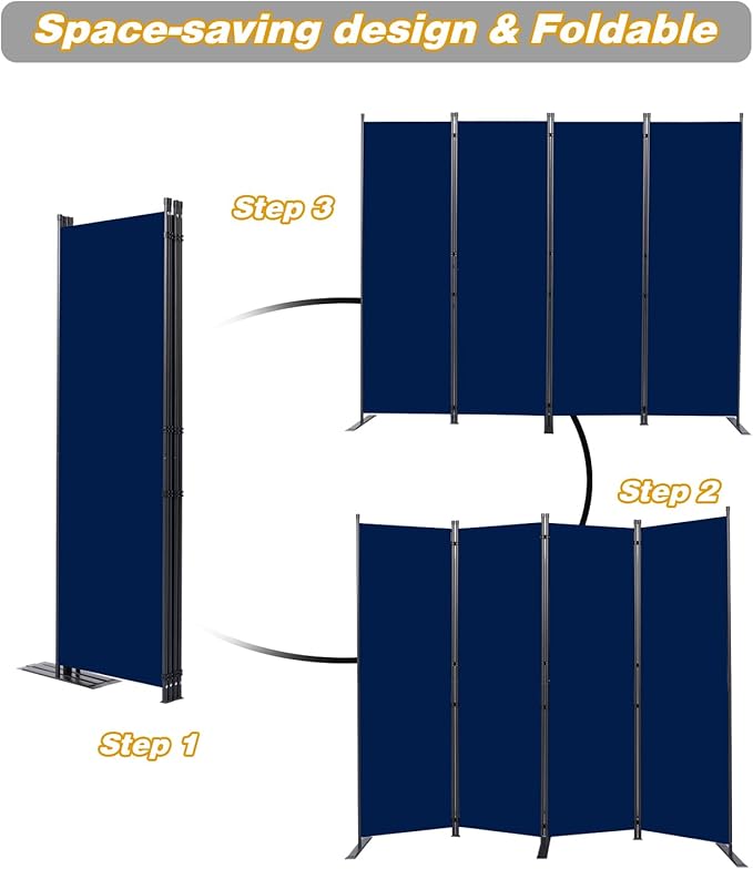 Room Divider, 4 Panel Folding Privacy Screens with Wider Support Feet, 6 Ft Portable Room Partition for Room Separator, 88" W X 71" H, Navy Blue