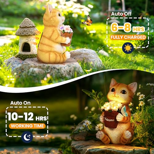 Solar Garden Decor Flower Pot Cat Statues Outdoor