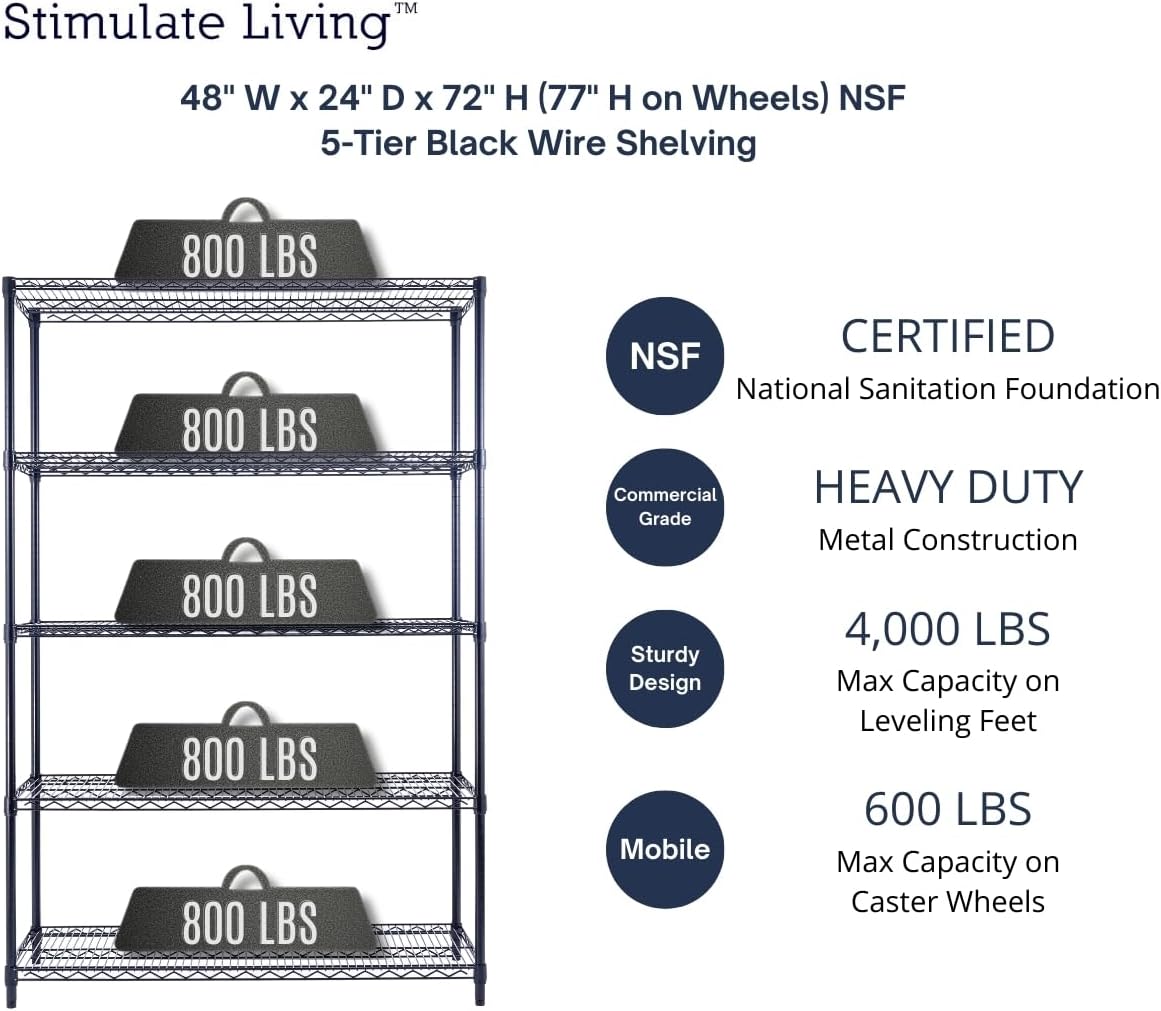 48"x24"x72" Prime Heavy Duty Black 5-Tier Steel Wire Shelving NSF 4000 LBS MAX Capacity Storage Rack for Commercial, School, Home, Garage, Warehouse, Industrial, and Hospital Uses (with Wheels) - NestledHome