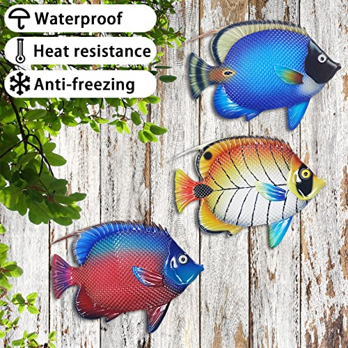 Metal Fish Sea Wall Decor Outdoor Garden Hanging Art Sculptures Home Ocean Theme Decorations for Kitchen Bathroom and Pool (3 Count)