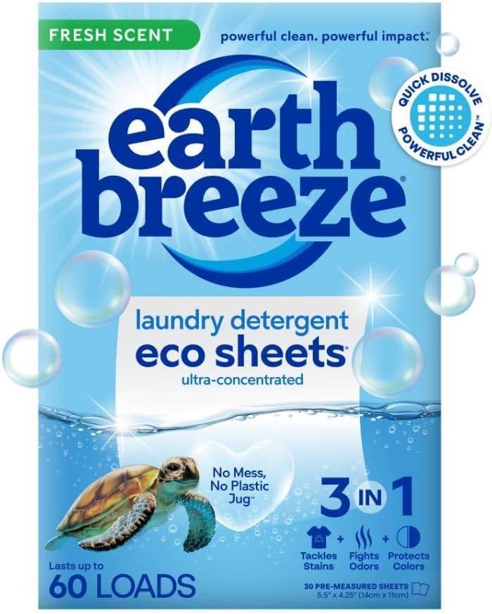 Earth Breeze Laundry Detergent Sheets Fresh Scent - 60 Loads Eco Liquidless Soap - Travel-Friendly for Hot & Cold Cycles, Tackles Tough Stains & Odors - Gentle on Skin, 30 Ct - NestledHome