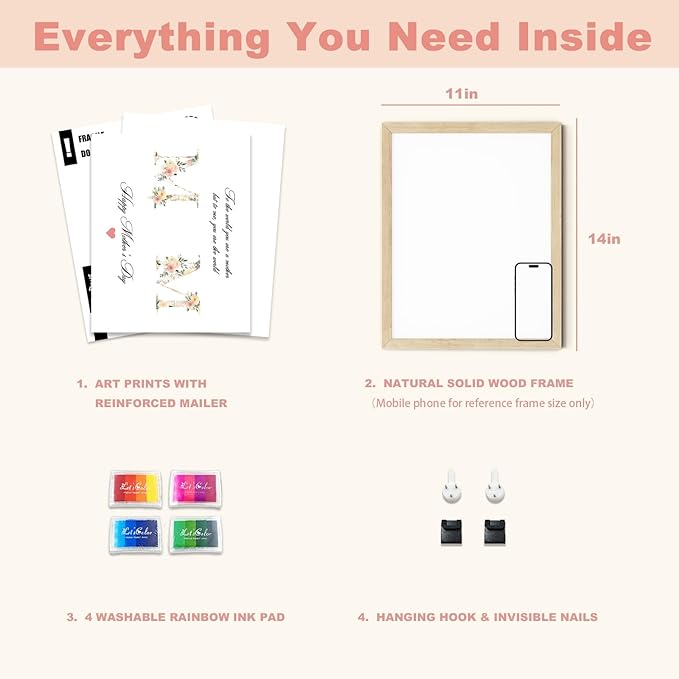 TwoDays Mother's Day Handprint Gift from Kids - DIY Keepsake Craft for Mom & Grandma, Family Activity Handprint & Flower Kit, Great Gift for Mother’s Day (11" X 14", Wood Frame)