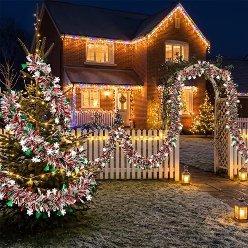 50 Feet Green Red Christmas Metallic Tinsel Twist Hanging Garland with Snowflake Xmas Tree for Home Mantle Xmas Tree Staircase Railing New Year Holiday Party Indoor Outdoor Decorations (50 Foot)