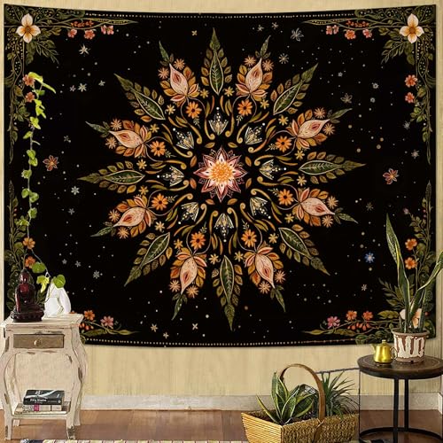 Boho Floral Mandala Tapestry for Bedroom Aesthetic Vintage Bohemian Flower Wall Tapestry Black Green Hippie Indian Large Tapestries Wall Hanging for Living Room Dorm Decor 80 x 60 Inch