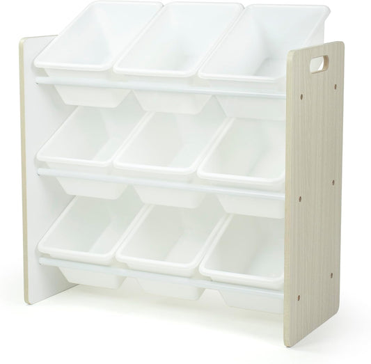 Humble Crew 9-Bin Toy Organizer – Hampton Sandwashed with White Plastic Bins, 3-Tier Storage Solution for Kids' Playrooms and Nurseries - NestledHome