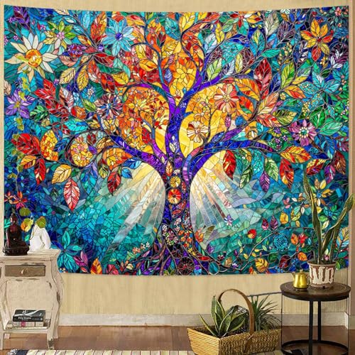 Tree of Life Tapestry Stained Glass Tapestry Wall Decor Tapestries for Bedroom Art Tapestries Wall Hanging for Bedroom Living Room Glass