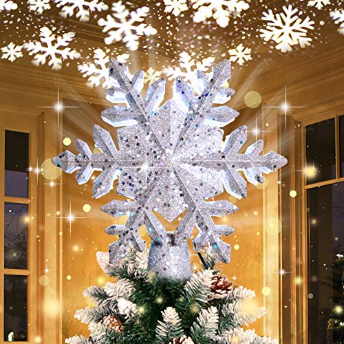 Snowflake Christmas Tree Topper with Rotating Projector Light for Xmas Tree