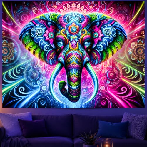 Blacklight Tapestry Elephant Mandala Wall Art 78 x 59 Inch