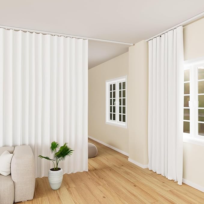 Room Divider Curtains Blackout Floor to Ceiling Curtain with Hook Wall Mount Sliding Door Curtains Ceiling Mount Extra Wide Curtain Wall Divider for Room Separation(Greyish White,W150xH84in)