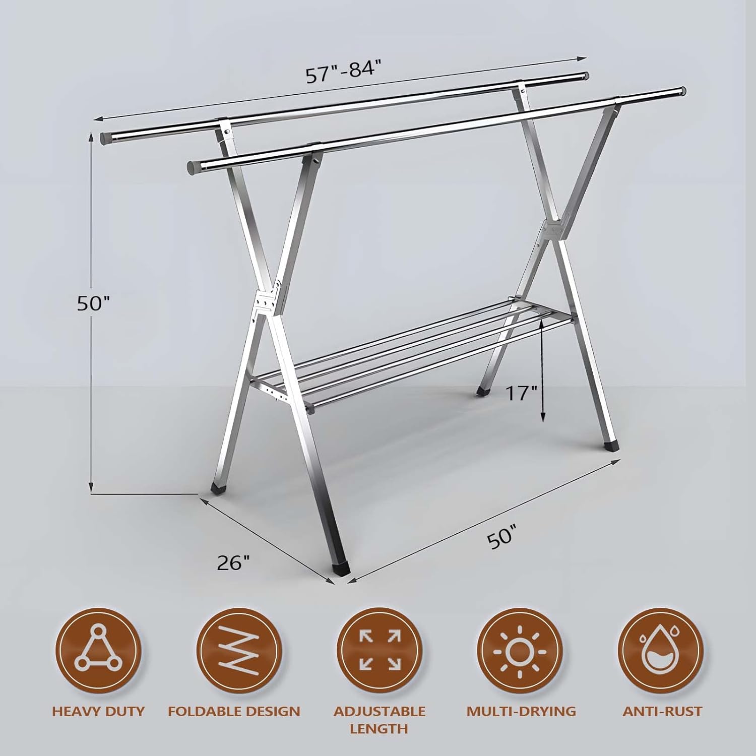 JAUREE Clothes Drying Rack 2 Tiers, Heavy Duty Drying Rack Clothing Folding Indoor Outdoor, Stainless Steel Laundry Drying Rack, Foldable Garment Rack with 20 Windproof Hooks (84 Inches) - NestledHome