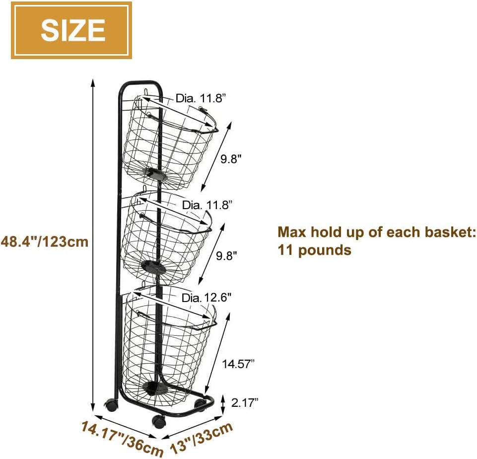 3 Tier Laundry Basket with Rolling Lockable Wheels Wire Metal Sorter Storage Trolley Shelf Basket Durable Metal Sorter Clothes Storage Trolley Shelf with Removable Hamper for Organizing Clothes - NestledHome