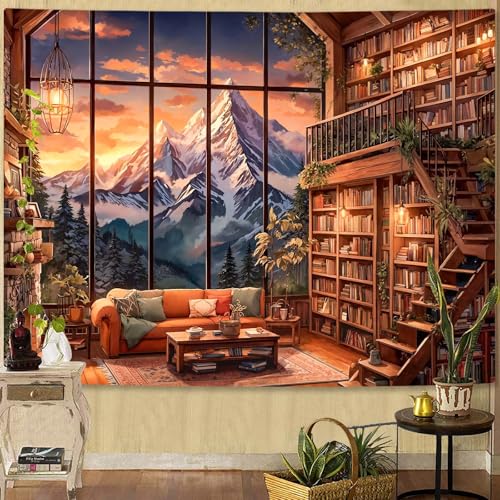 Forest Mountain Library Tapestry Fantasy Bookshelf Tapestries Wall Hanging Vintage Watercolor Nature Fairy Library Backdrop Large Tapestry for Bedroom Living Room Dorm Classroom 80 x 60 inch