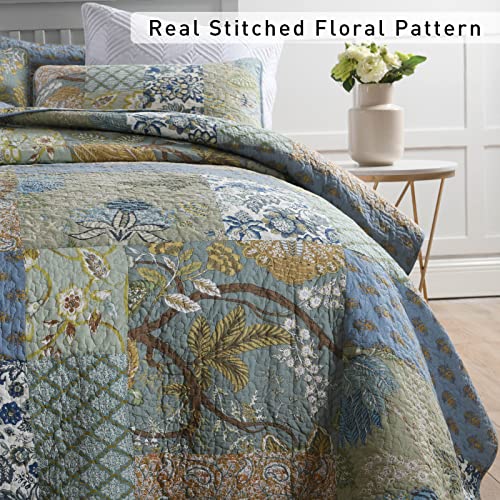 Quilt Set King Bedspread Reversible Green Farmhouse Garden Coverlet Real Patchwork Quilt Set for All Seasons with Pillowcases